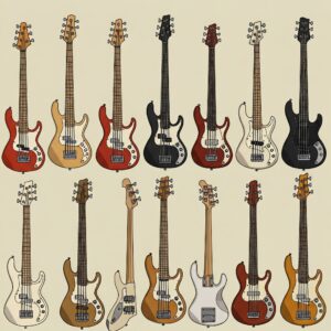 Illustration showcasing various models and body styles of the 8 string electric bass.
