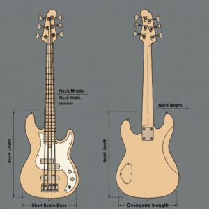 Diagram illustrating the compact dimensions of a short scale 5 string bass guitar.
