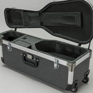 Durable materials used in a robust acoustic bass guitar case for long-lasting protection.