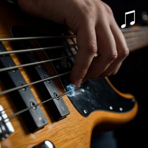 "Bass player's hand demonstrating the clear tone produced by elixir bass strings."