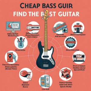 "Graphic emphasizing where to find a good quality cheap bass guitar."