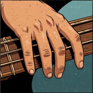  Illustration showing the smooth feel of flatwound bass guitar strings on fingertips.
