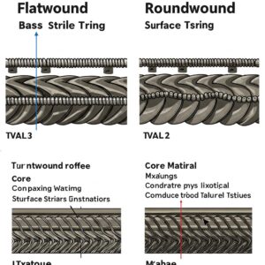 Comparison illustration of flatwound bass guitar strings versus roundwound bass strings.