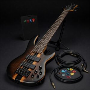  "Ibanez 6 String Bass Guitar with essential accessories like picks and cables."