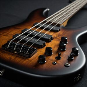  "Electronic controls and pickups of an Ibanez 6 String Bass Guitar, highlighting its tonal versatility."