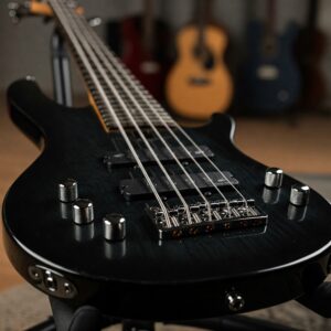 "Close-up of an Ibanez 6 String Bass Guitar showcasing its sleek design and hardware."