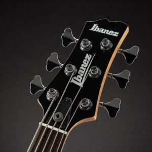 "Ibanez 6 String Bass Guitar headstock featuring the tuners and brand logo."