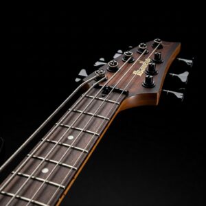 "Ibanez 6 String Bass Guitar neck showing the extended range and fretboard details."
