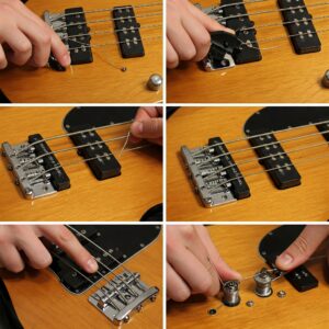 "Installing new elixir bass strings on a four-string bass guitar."