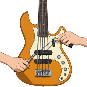 Animated illustration showing the process of installing flatwound bass guitar strings.