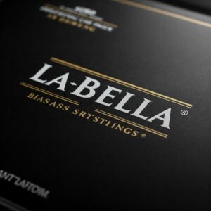 The official La Bella logo on their la bella bass strings packaging, a mark of quality.