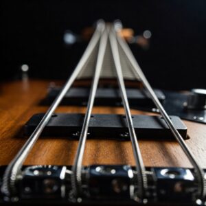 La bella bass strings installed on a bass guitar, ready for rich and resonant sound.