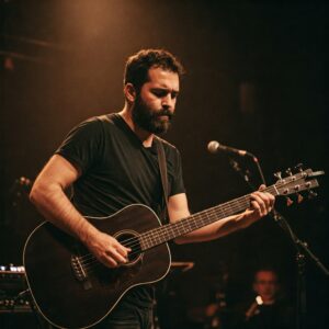 Man holding a 5 string acoustic bass in a performance setting.