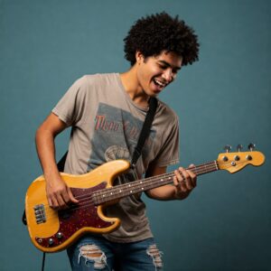 "Musician enjoying playing their affordable and cheap bass guitar."