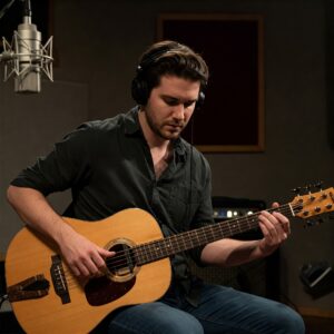 Musician playing a 5 string acoustic electric bass guitar, demonstrating its use. 