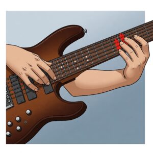  Illustration showing various models and finishes of 6 string fretless bass guitars.