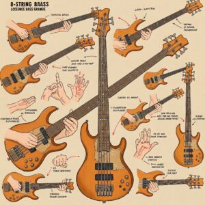 Illustration demonstrating different playing techniques on an 8 string electric bass.