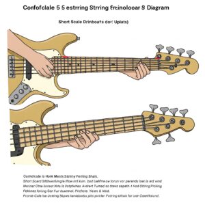 Diagram showing comfortable hand positions for playing different notes on a short scale 5 string bass fretboard.