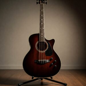A 5 string acoustic bass resting on a guitar stand. 