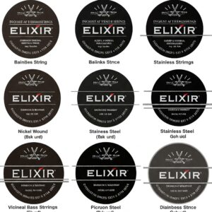"Different types of elixir bass strings available, including nickel and stainless steel."