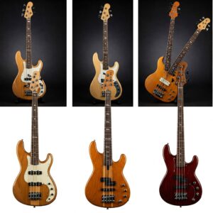 Different body shapes and styles of yamaha 5 string bass guitars.