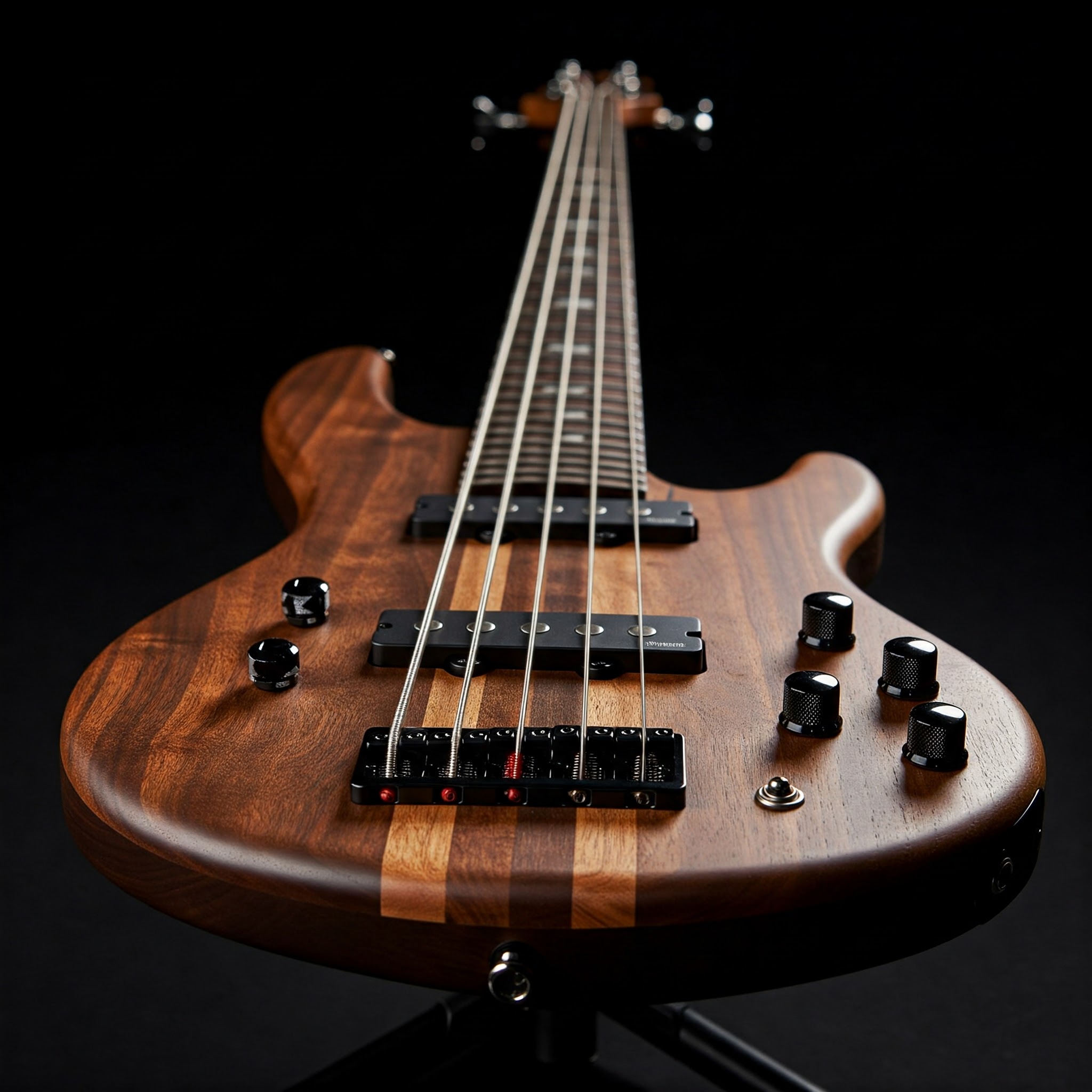 Close-up of a yamaha 5 string bass guitar, highlighting its features and design.
