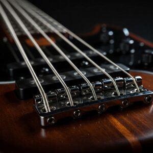 Detail of the bridge and tuners on a yamaha 5 string bass guitar.