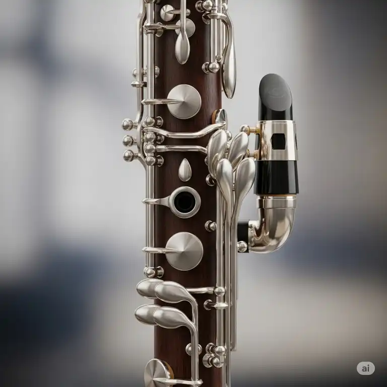 "A close-up of a Backun Alpha Bass Clarinet, showcasing its sleek design and keywork, ready for performance."