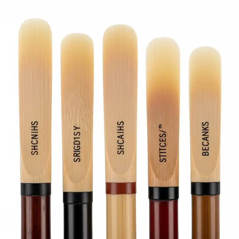 A close-up of several new bass clarinet reeds, showcasing their various strengths and cuts, ready for optimal performance.