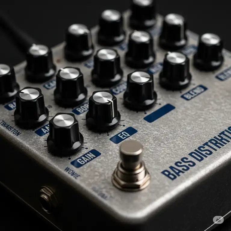 Close-up view of a rugged **bass distortion pedal** with multiple knobs, perfect for adding grit and growl to your bass tone.