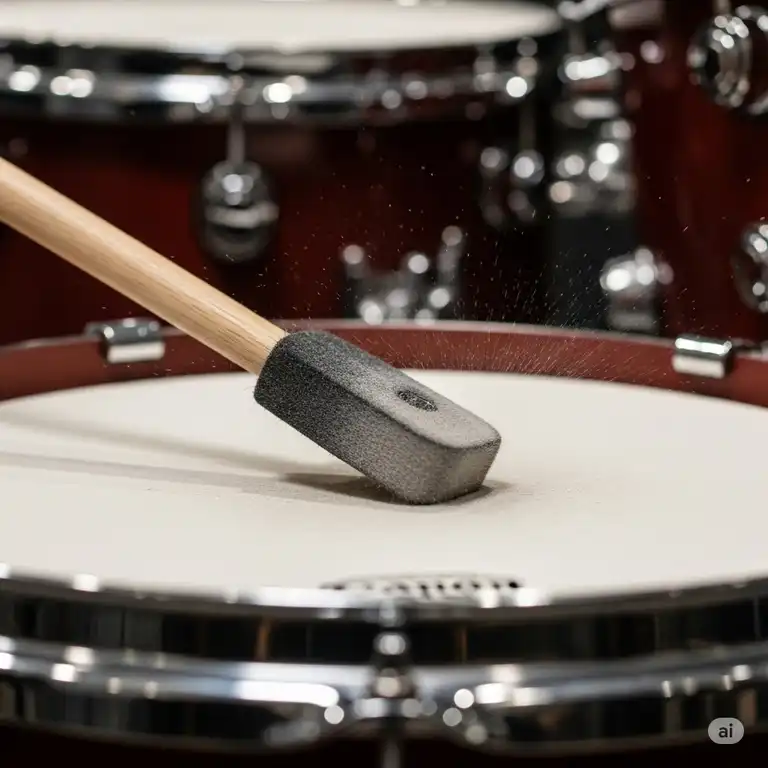 A close-up view of a high-quality bass drum beater striking the resonant head of a kick drum, showcasing its design and impact.