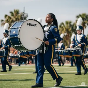 A powerful bass drum marching band, its deep rhythm driving the performance forward.