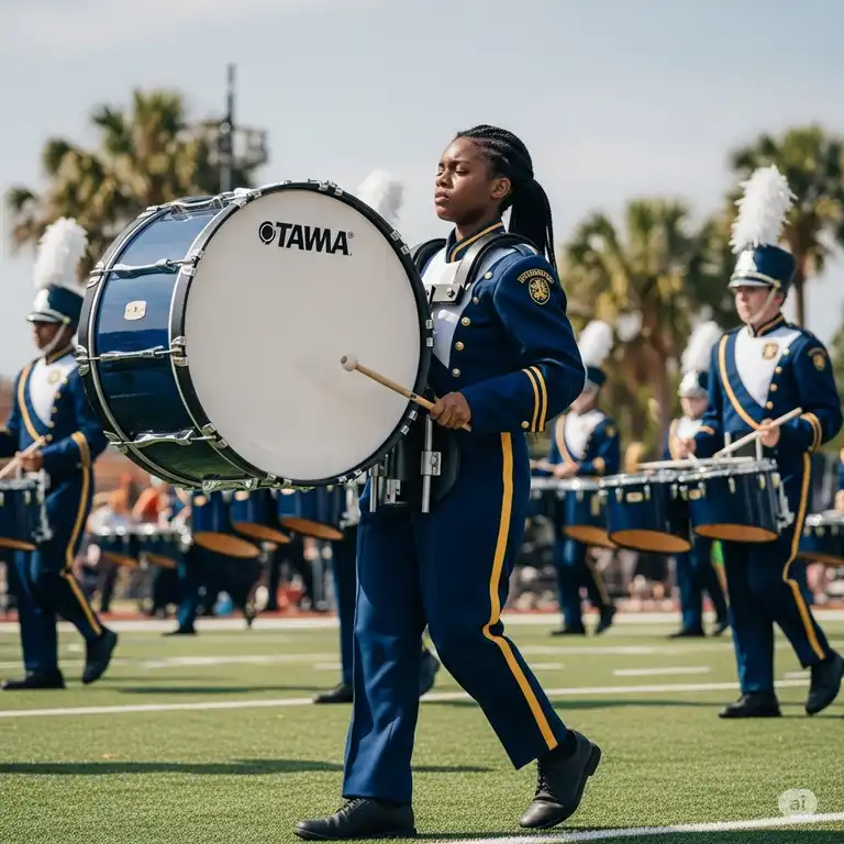A powerful bass drum marching band, its deep rhythm driving the performance forward.