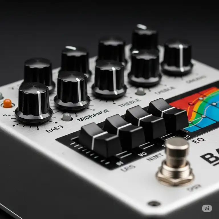 Close-up view of a bass EQ pedal with various knobs and sliders for tone shaping.