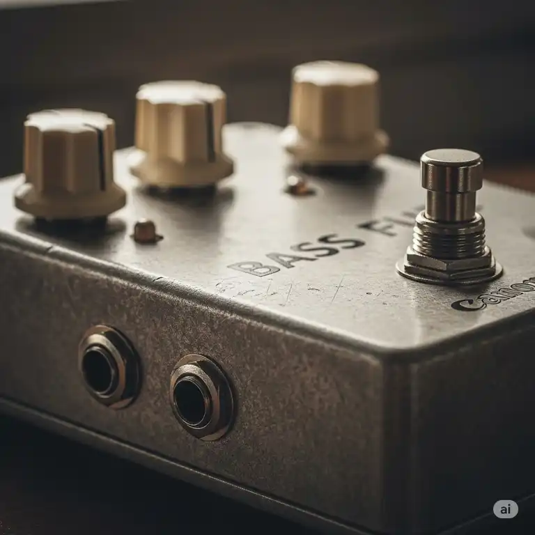 Close-up of a vintage-style bass fuzz pedal with its knobs and jacks visible, showcasing its rugged construction and classic design.