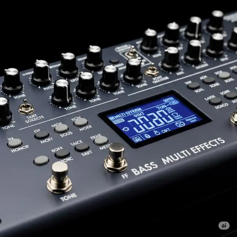 A close-up of a versatile bass multi effects peddal, showcasing various knobs, switches, and an LCD screen for tone shaping and sound modulation. This image represents the core functionality of a bass multi effects pedal unit for musicians.