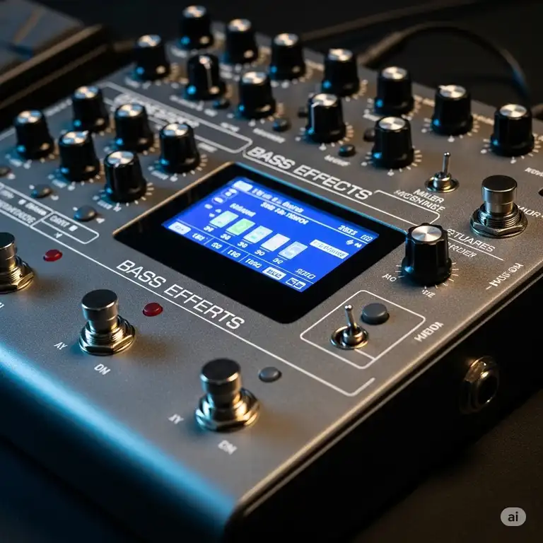 A close-up shot of a modern bass multi effects pedal with various knobs, switches, and a digital display, ideal for bass guitarists.