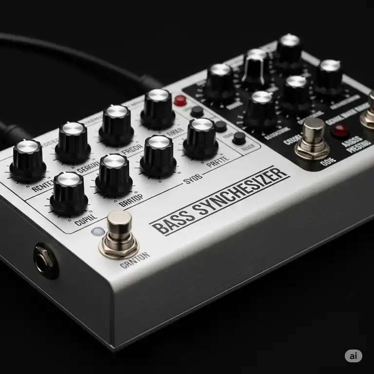 A close-up view of a versatile bass synthesizer pedal, showcasing its robust design and multiple control knobs, perfect for musicians seeking unique bass tones.