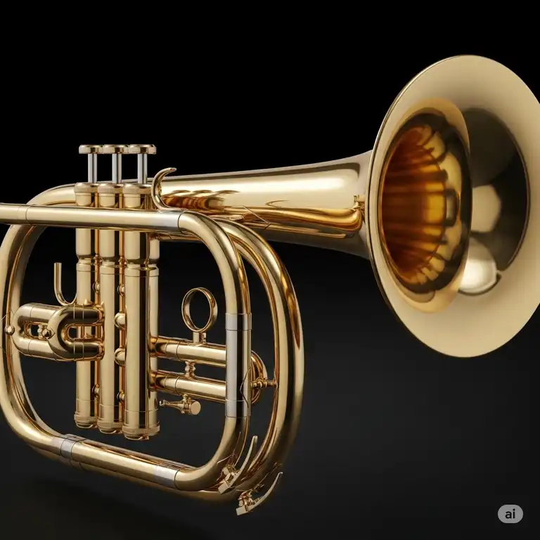 A close-up of a beautifully polished brass bass trumpet with its valves and bell gleaming, ready to be played.
