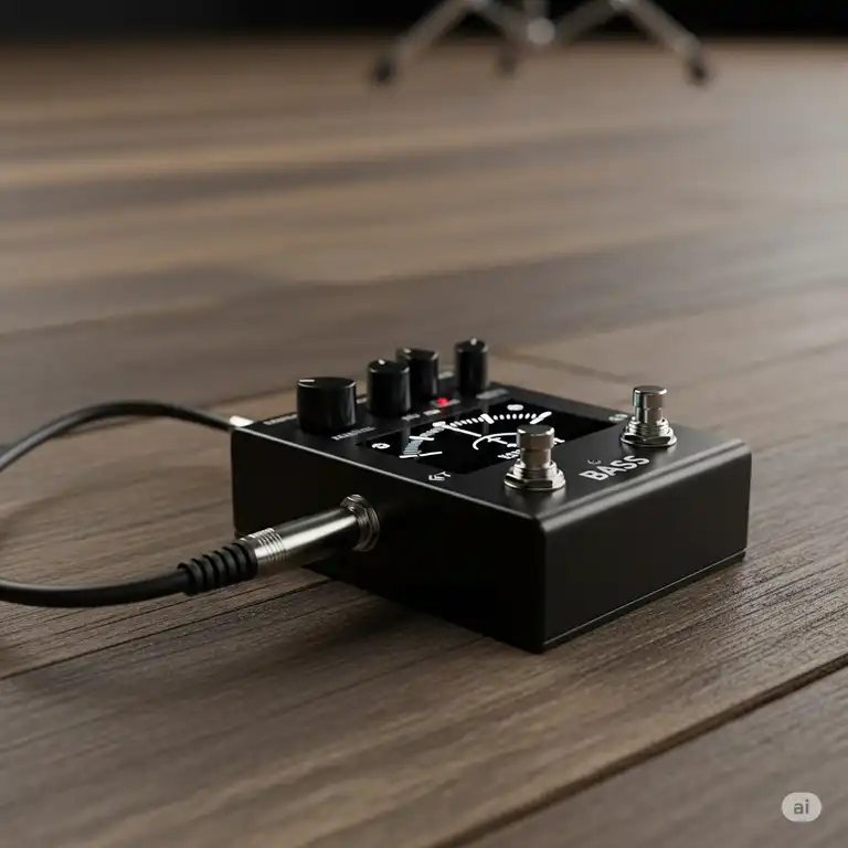 "A compact, black bass tuner pedal on a wooden stage floor, with a bass guitar cable plugged into its input, ready for precise tuning."