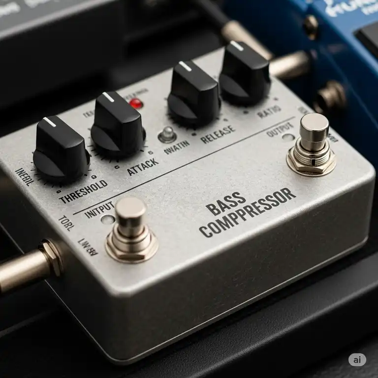 A close-up of a high-quality bass compressor pedal on a pedalboard, showcasing its controls and sturdy build, essential for achieving the best bass compressor pedal tone.