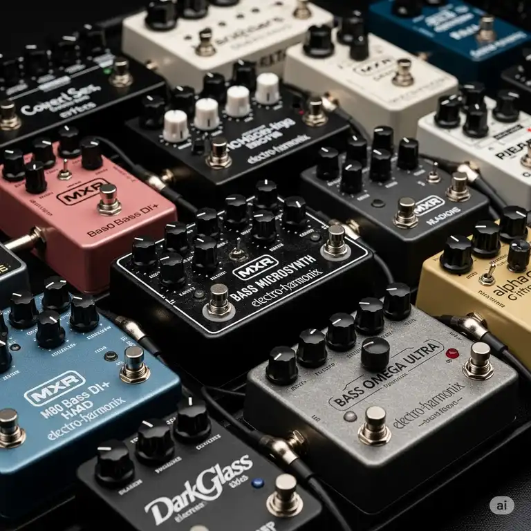 A close-up shot of several top-rated best bass pedals on a pedalboard, showcasing a variety of effects and controls for bass guitarists.