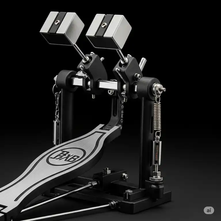 A close-up shot of a high-performance double bass pedal, showcasing its robust construction and smooth action, ideal for drummers seeking the best double bass pedal for speed and power.