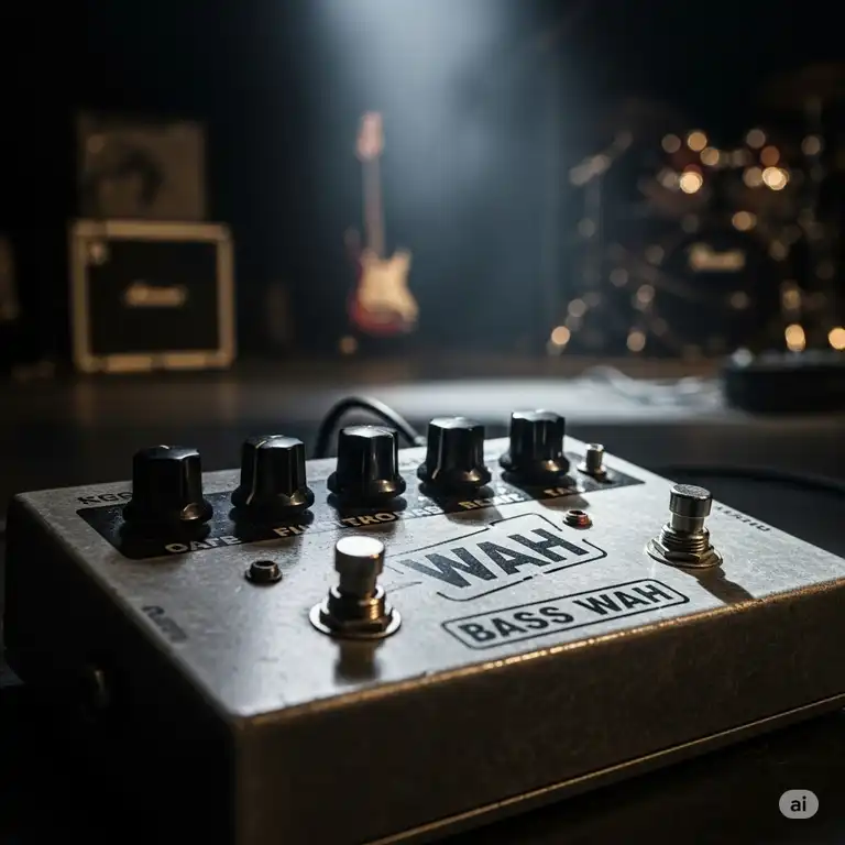 Close-up of a vintage bass wah pedal on a stage, showcasing its sturdy build and classic design, perfect for funk and rock basslines.