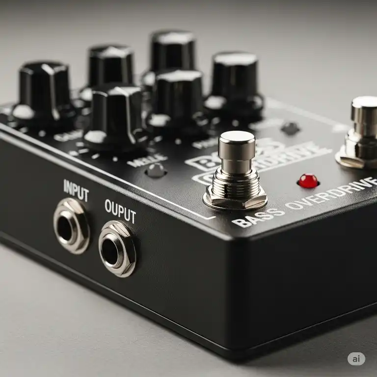 A close-up of a sturdy pedal bass overdrive, showcasing its knobs and jacks, ready to sculpt powerful bass tones.