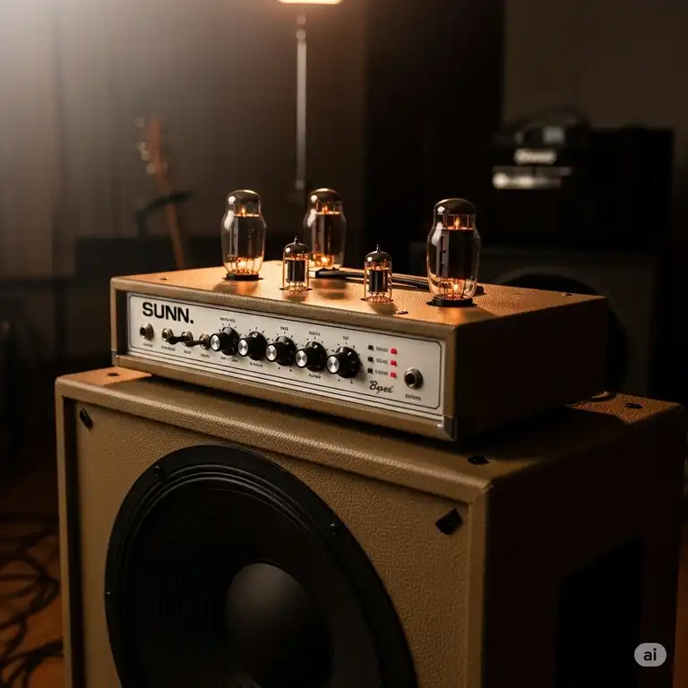 A classic tube bass amp head sitting on a large speaker cabinet, glowing softly in a studio setting, ready for powerful bass tone.