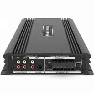  Rear view of a power bass amplifier, showing input and output connections for easy installation.