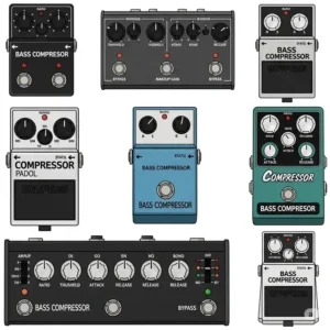 An illustration depicting various types of best bass compressor pedal, highlighting their different enclosure styles and control layouts.