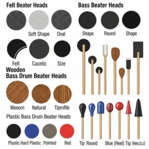 An illustration displaying various types of bass drum beater heads, including felt, wood, and plastic, highlighting their different shapes and materials.
