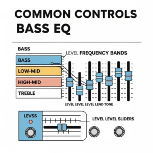 Diagram illustrating the common controls found on a bass EQ pedal, including frequency bands and level sliders.